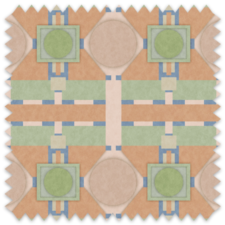 The artwork is a symmetrical geometric design with a balanced composition. It features a series of squares, rectangles, and circular shapes arranged in a grid-like pattern. The dominant colors are various shades of peach and green, combined with accents of light grey and white. The shapes are layered to create a sense of depth, with some elements outlined or bordered to enhance contrast.  The artwork has a structured, almost architectural feel, emphasizing order and precision.